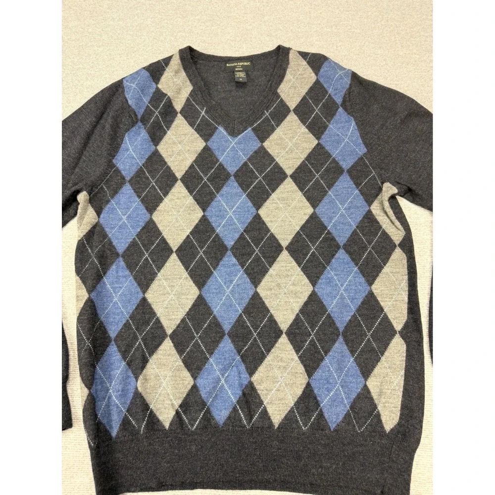 Banana‎ Republic Mens Merino Wool Argyle V-Neck Sweater Gray Blue Size M